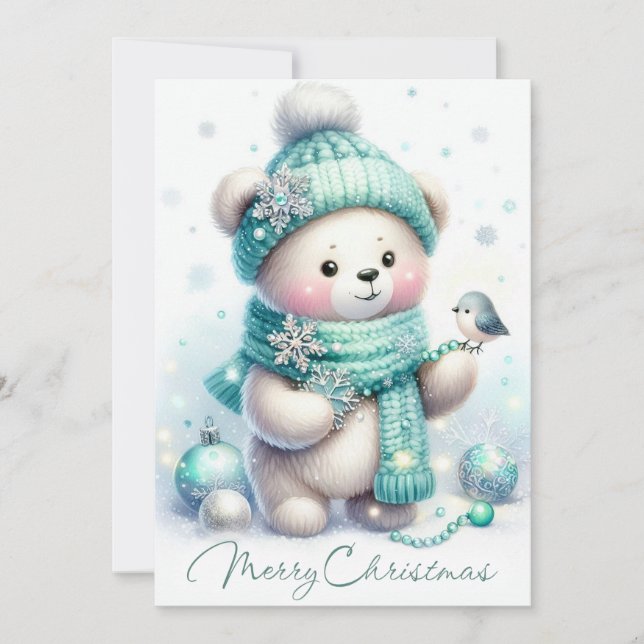 Snowflake Bear & Teal Bead Charm Holiday Card (Front)
