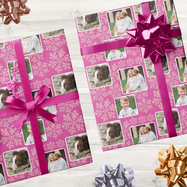 Snowflake Berry Bling 3 Photo Collage Christmas Wrapping Paper (Add 3 of your pictures to this photo wrapping paper in chic dark pink and faux glitter snowflakes)