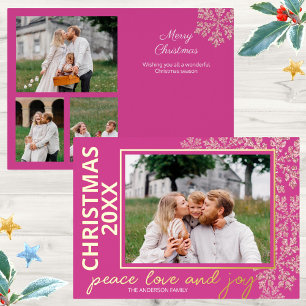 Snowflake Berry Bling 4 Photo Year Chic Gold Foil Holiday Card