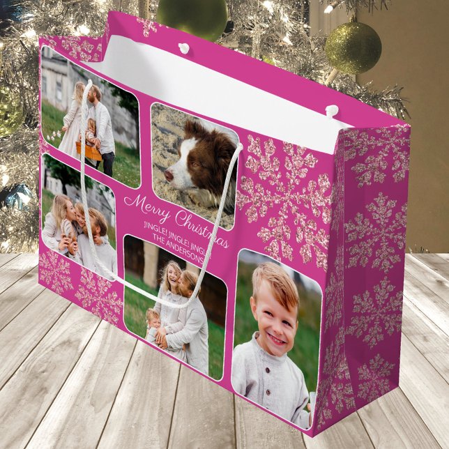 Snowflake Berry Bling 5 Photo Collage Christmas Large Gift Bag (These large gift bags with 5 of your photos is easy to personalize and the deep pink is so fun)