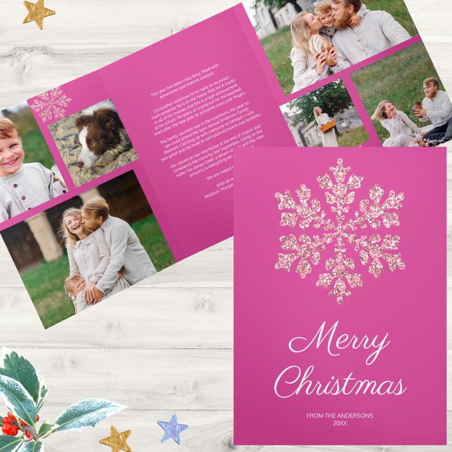 Snowflake Berry Bling 6 Pic Merry Multi Photo Tri-Fold Holiday Card (Bright pink is the Christmas color trend and these personalized photo cards deliver the pink)