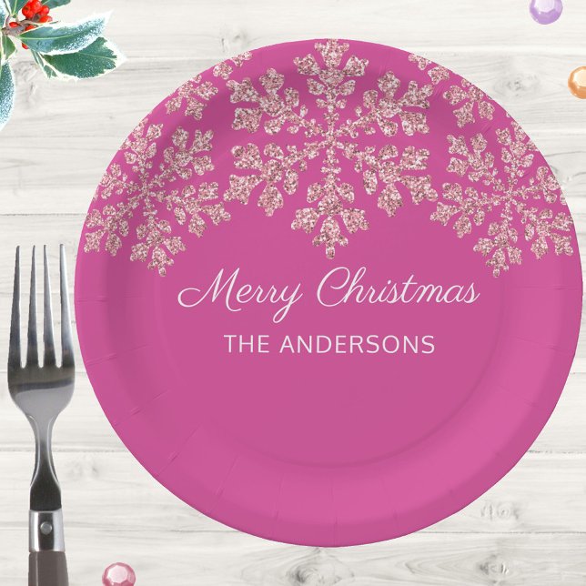 Snowflake Berry Bling Celebration Christmas Paper Plate (Add these elegant dark pink and faux sparkle snowflake paper plates to your holiday event table)