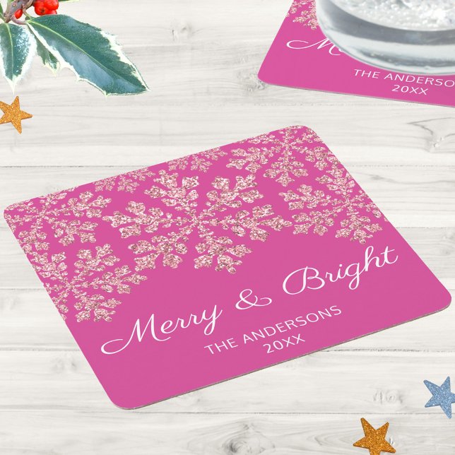 Snowflake Berry Bling Chic Elegant Holiday Party Square Paper Coaster (Bright pink and faux glitter snowflakes on paper coasters for your holiday event adds some elegance)