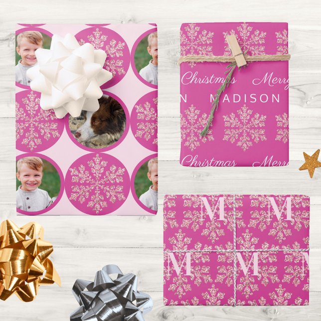 Snowflake Berry Bling Classic 2 Photo Christmas Wrapping Paper Sheet (This deep pink and faux sparkle snowflakes wrapping paper assortment is so cute for Christmas)
