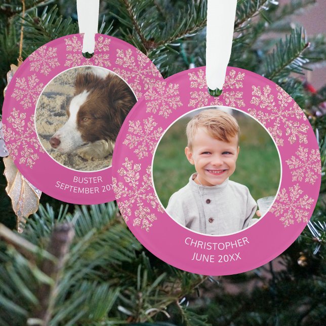 Snowflake Berry Bling Cute 2 Photo Christmas Ornament (These round 2 photo holiday ornaments in bright pink with snowflakes are perfect for gifting)