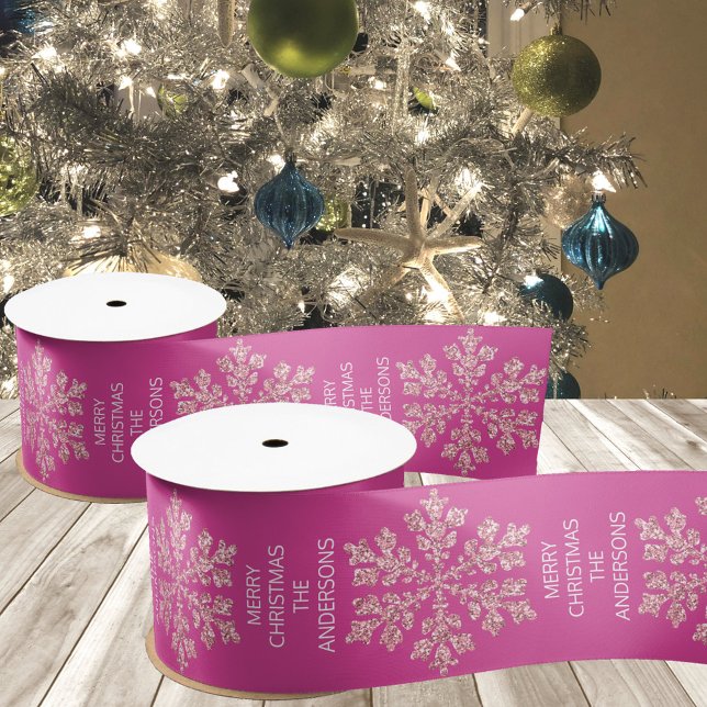 Snowflake Berry Bling Elegant Trendy Christmas Satin Ribbon (The Christmas color trend is pink, deep rich berry pink. This ribbon delivers along with snowflakes)