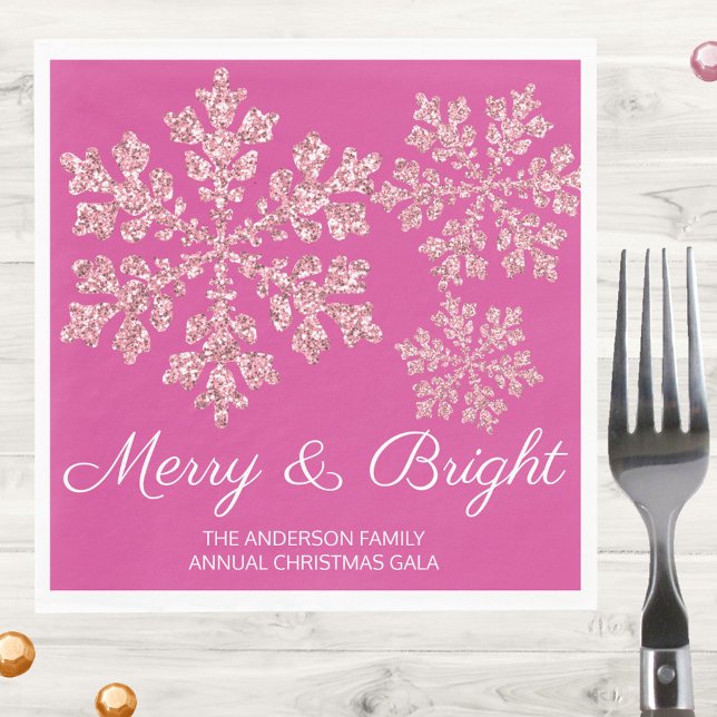 Snowflake Berry Bling Minimal Christmas Party Napkin (Personalize these dark pink and faux glitter paper luncheon napkins with your name or event)