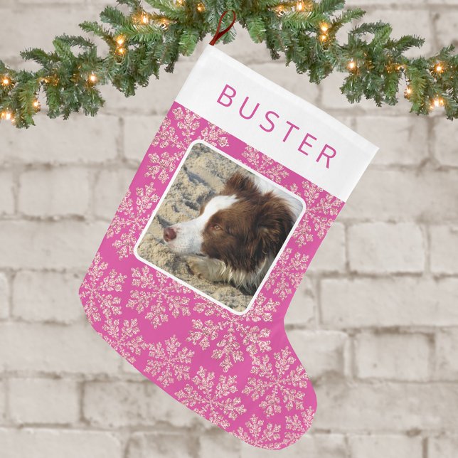 Snowflake Berry Bling Simple Cute Kid Or Pet Photo Large Christmas Stocking (Add your pet's photo or child's picture to this cute dark pink and snowflake Christmas stocking)