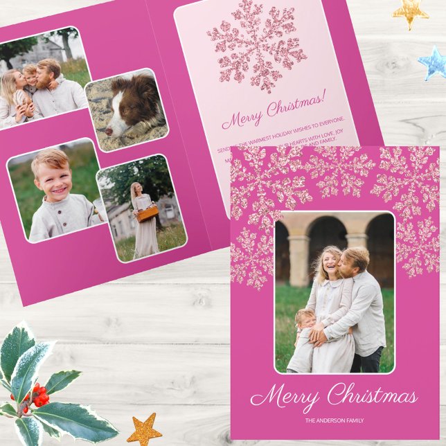 Snowflake Berry Bling Trendy Script Chic 5 Photo Holiday Card (Personalized 5 photo greeting cards in deep berry pink with faux glitter snowflakes)