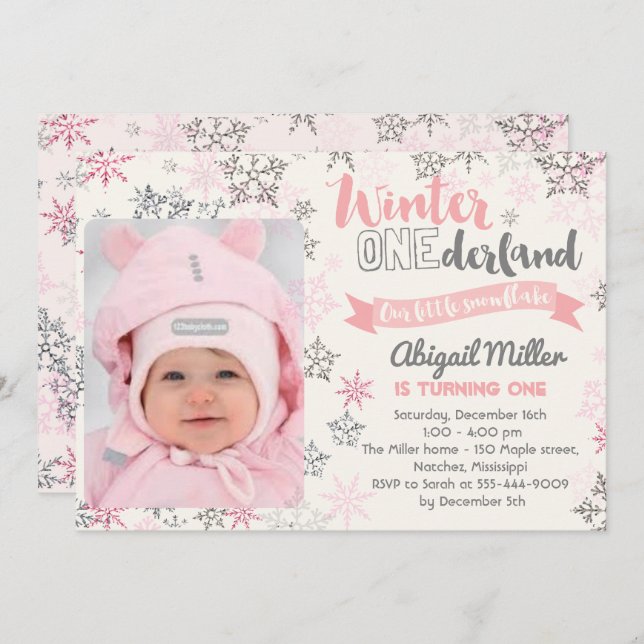 Snowflake Birthday Invitation - Winter Onederland (Front/Back)