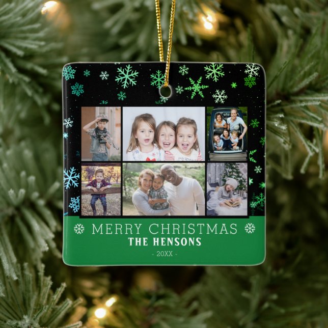 Snowflake Black Christmas Family 6 Photo Collage  Ceramic Ornament (Tree)