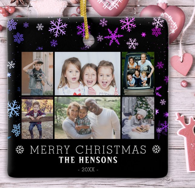 Snowflake Black Christmas Family 6 Photo Collage Ceramic Ornament (Creator Uploaded)