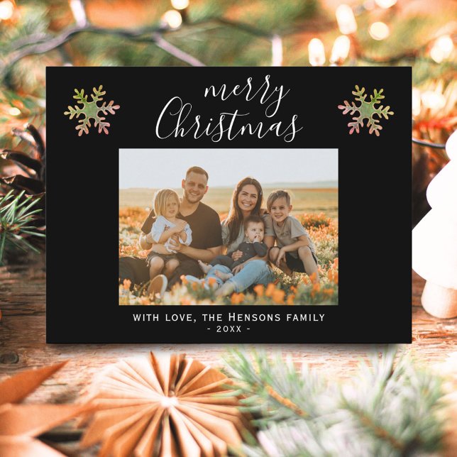 Snowflake Black Christmas Script Family Photo Holiday Postcard (Creator Uploaded)