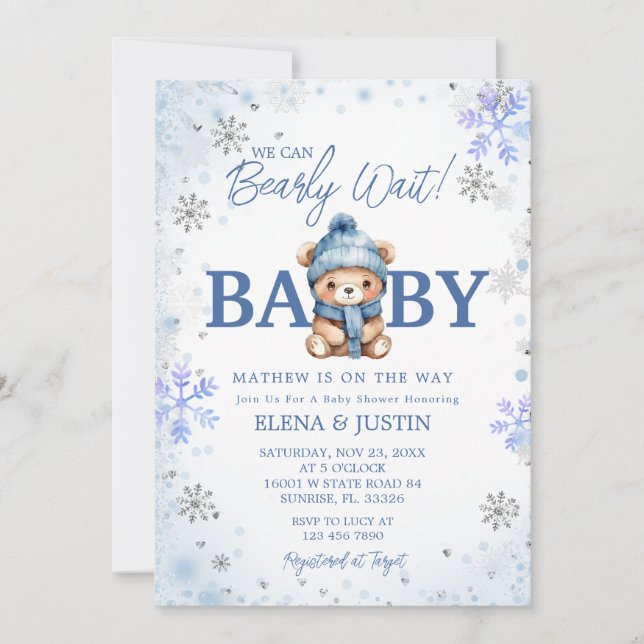 Snowflake Blue Bear Bearly Wait Baby Shower  Invitation (Front)