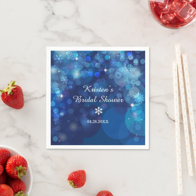 Snowflake Blue Bokeh Winter Bridal Shower Napkin (Insitu)