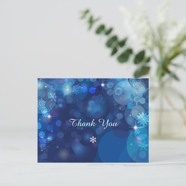 Snowflake Blue Bokeh Winter Thank You Postcard (Standing Front)