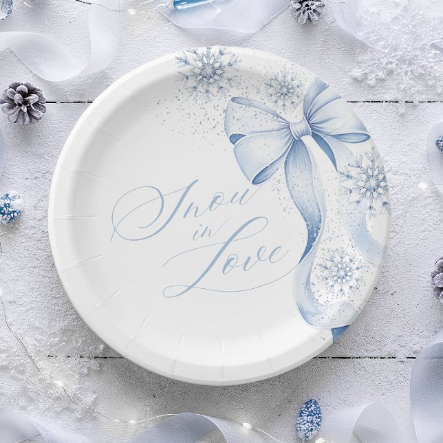 Snowflake Blue Bow Winter Bridal Shower Paper Plat Paper Plate (Creator Uploaded)