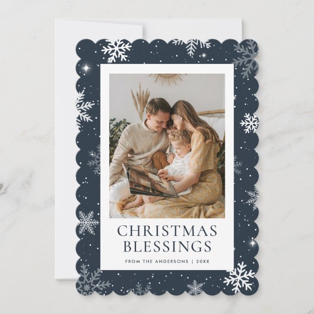 Snowflake Blue Christmas Blessings Photo Holiday Card (Front)