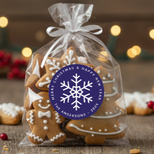 Snowflake Blue Merry Christmas & Happy New Year Classic Round Sticker