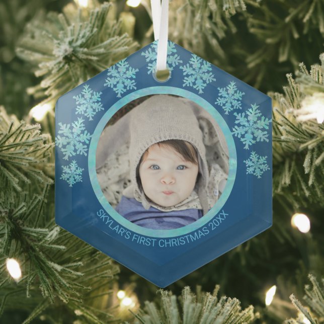 Snowflake Blue Opal Chic Round Photo Christmas Glass Tree Decoration (Insitu)