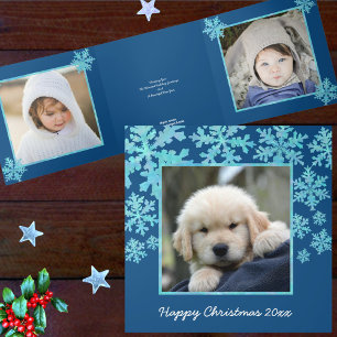 Snowflake Blue Opal Happy Christmas 4 Photo Tri-Fold Holiday Card