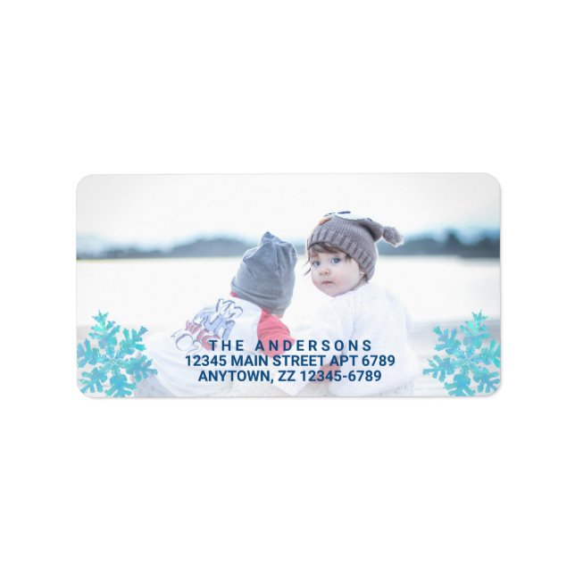 Snowflake Blue Opal Stylish Christmas Add Photo Label (Front)