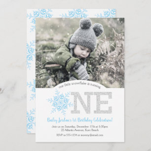 Snowflake Blue & Silver Glitter 1st Birthday Photo Invitation