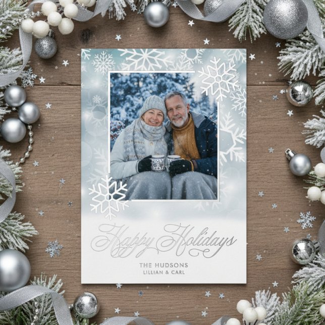 Snowflake Blue & White Photo Happy Holidays Foil Holiday Card (Creator Uploaded)