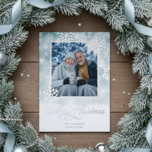Snowflake Blue & White Photo Merry Christmas Foil Holiday Card