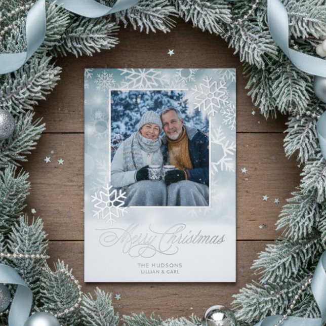 Snowflake Blue & White Photo Merry Christmas Foil Holiday Card (Creator Uploaded)
