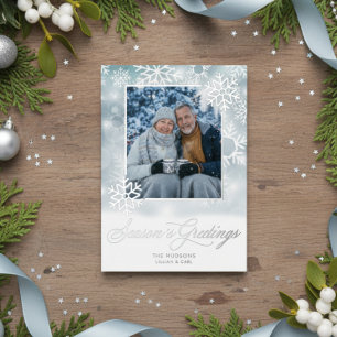 Snowflake Blue & White Photo Season's Greetings Foil Holiday Card