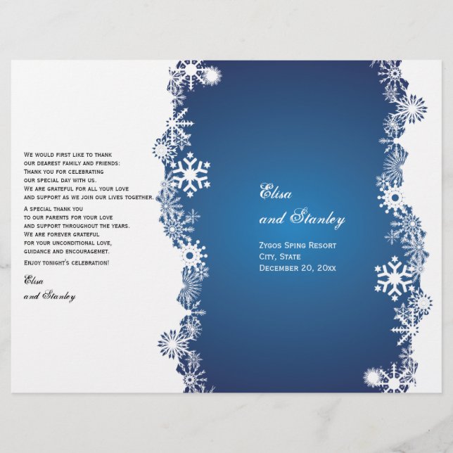 Snowflake blue white wedding folded program (Front)