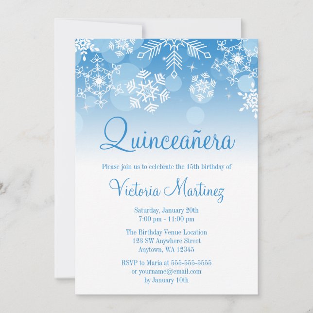Snowflake Blue White Winter Wonderland Quinceanera Invitation (Front)