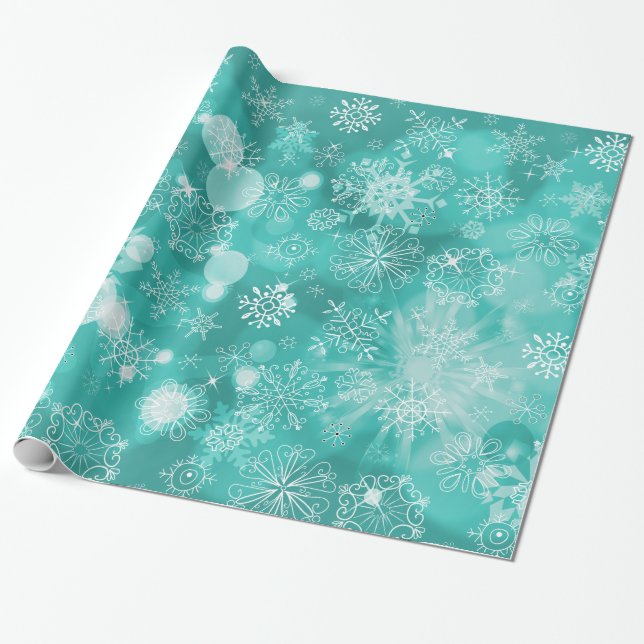 Snowflake Bokeh Teal Wrapping Paper (Unrolled)