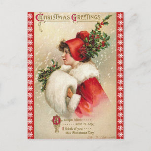 Snowflake Border Christmas Girl in Red Vintage  Holiday Postcard