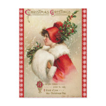 Snowflake Border Christmas Girl in Red Vintage 