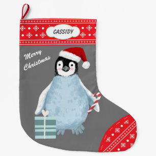 Snowflake Border Cute Penguin Candy Cane Large Christmas Stocking