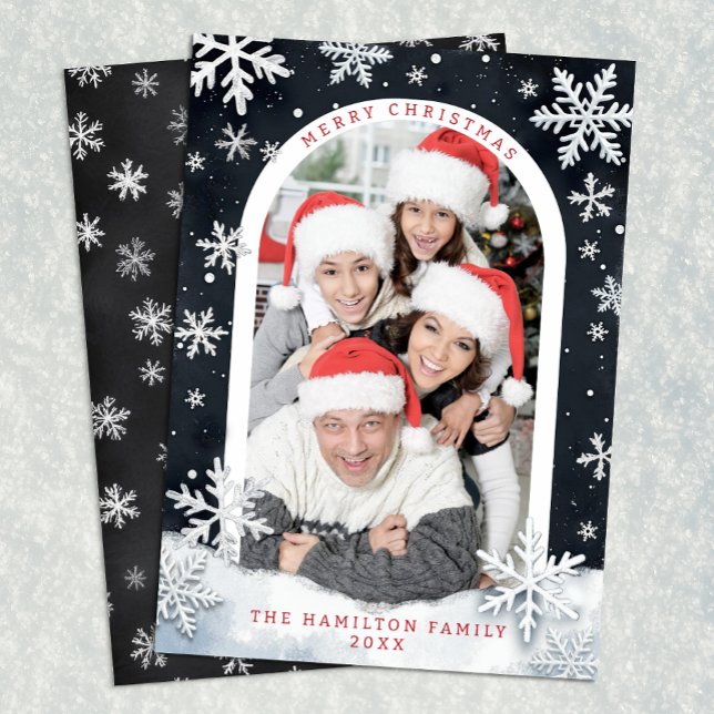 Snowflake Border Merry Christmas Family Photo Card (Black & White Christmas Card)