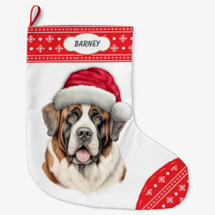 Snowflake Border Santa Hat St Bernard Dog Large Christmas Stocking