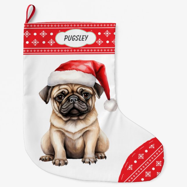 Snowflake Border Santa Pug Large Christmas Stocking (Front)