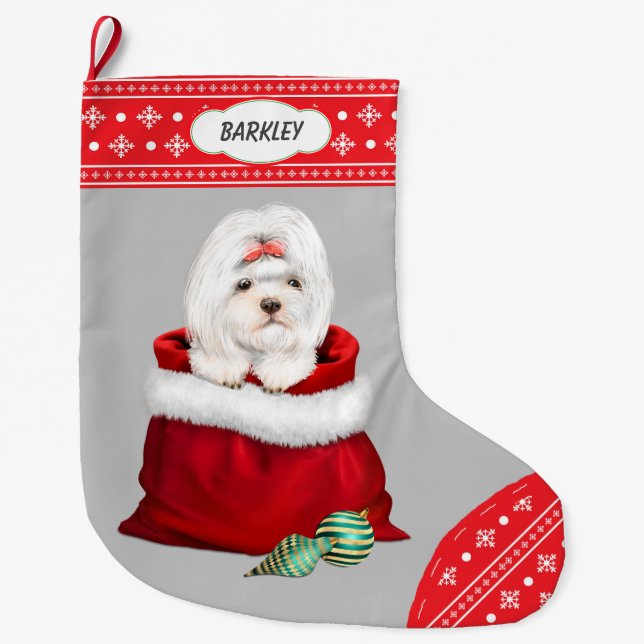 Snowflake Border Shih Tzu Gift Surprise Large Christmas Stocking (Front)