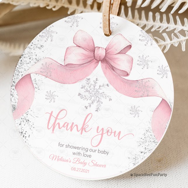Snowflake Bow baby shower Favour Tags (snowflake favor tag,baby shower,a little snowflake,is on the way,bow gir pink,winter invitation,gift)
