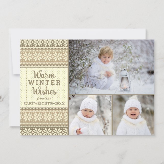 Snowflake Brown Sweater Warm Winter Wishes 3 Photo Holiday Card (Front)