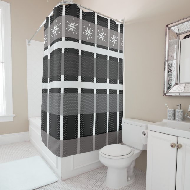 Snowflake Buffalo Plaid Black Christmas Holiday Shower Curtain (In Situ)