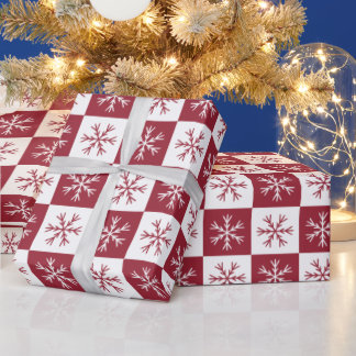 Snowflake Burgundy Chequered Pattern Christmas Wrapping Paper