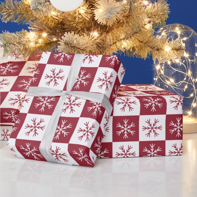 Snowflake Burgundy Chequered Pattern Christmas Wrapping Paper (Holidays)