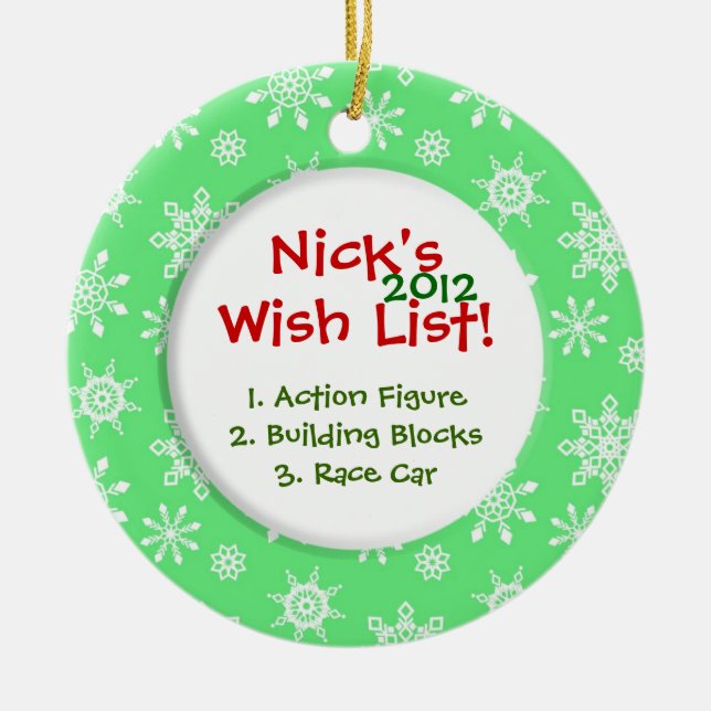 Snowflake Child's Wish List Ceramic Ornament (Front)