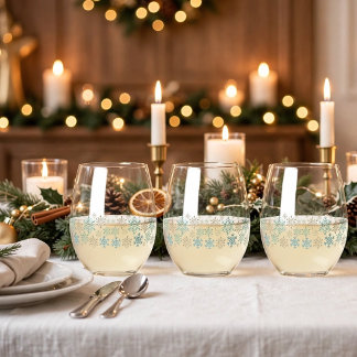 Snowflake Christmas Green Gold Stemless Wine Glass