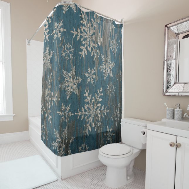 snowflake Christmas Holiday Rustic shower curtain (In Situ)