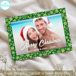 Snowflake Christmas Photo 2 Side Designs Green Holiday Card